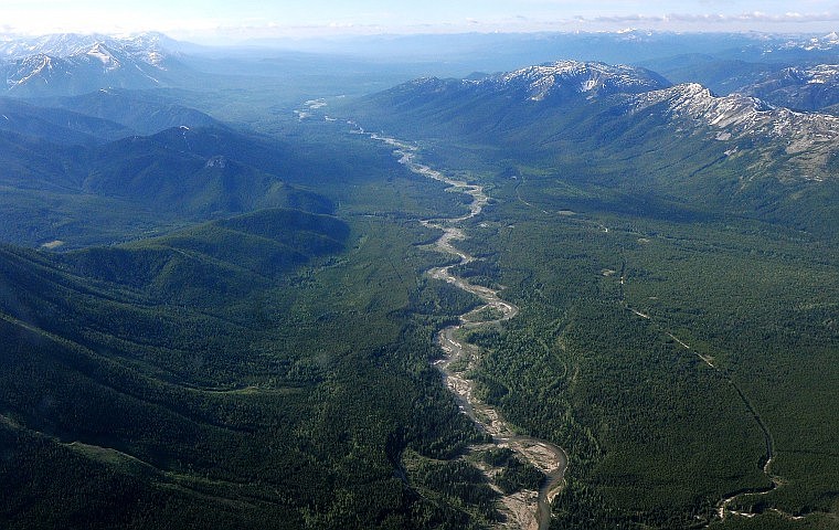 The Flathead River flows south out of British Columbia into Montana.