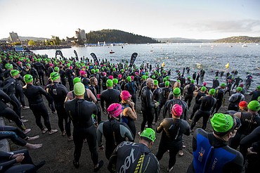 <p>For the first time ever, Coeur d'Alene hosted a half-Ironman triathlon, a race involving a 1.2 mile swim, 56 mile bike and a 13.1 mile run. With 2,449 athletes participating, tens of thousands of spectators lined the streets and beaches of Coeur d'Alene. Andy Potts clinched first place in the men's professional bracket, while Heather Jackson crossed the finish line first in the professional women's bracket. Coeur d'Alene will host its annual full-Ironman triathlon on August 21, 2016. To purchase photo, please visit www.cdapress.com</p>