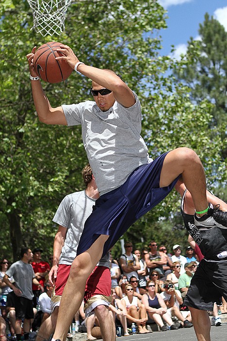 <p>Blake Mahler pulls down a rebound for Dunamis of the 3BA Elite Division No. 8. The Sandpoint-based squad of Mahler, Stefan Buratto, Chase Lowther and Joel Aispuro went 2-0 to advance to the quarterfinals of the tournament on Sunday.</p>