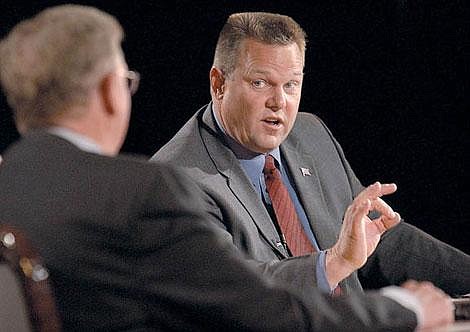 Jon Tester, Democratic Party candidate for U.S. Senate, challenges Sen. Conrad Burns, R-Mont., Sunday morning at a debate sponsored by the Montana Broadcasters Association at Grouse Mountain Lodge. The Senate race has been deemed &#147;one of the most pivotal in the country,&#148; according to moderator Greg MacDonald. Karen Nichols /Daily Inter Lake