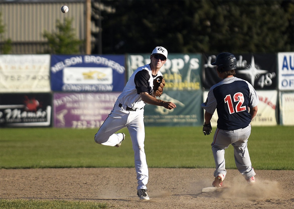 &lt;p&gt;Glacier Twins A shortstop Colten Parker throws to first to complete a double play in the Twins' 10-0, seven-inning victory against the Kootenai Valley Rangers on Tuesday, June 28, 2016. (Aaric Bryan/Daily Inter Lake)&lt;/p&gt;