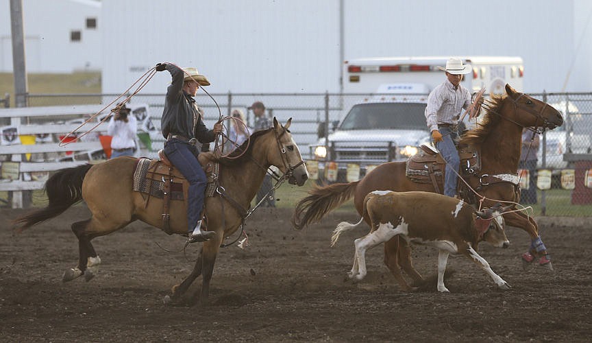 &lt;p&gt;Kylie Richter/ Lake County Leader Wyatt Lytton and Colton Johns compete in team roping Saturday night at the Mission Mountain rodeo.&lt;/p&gt;