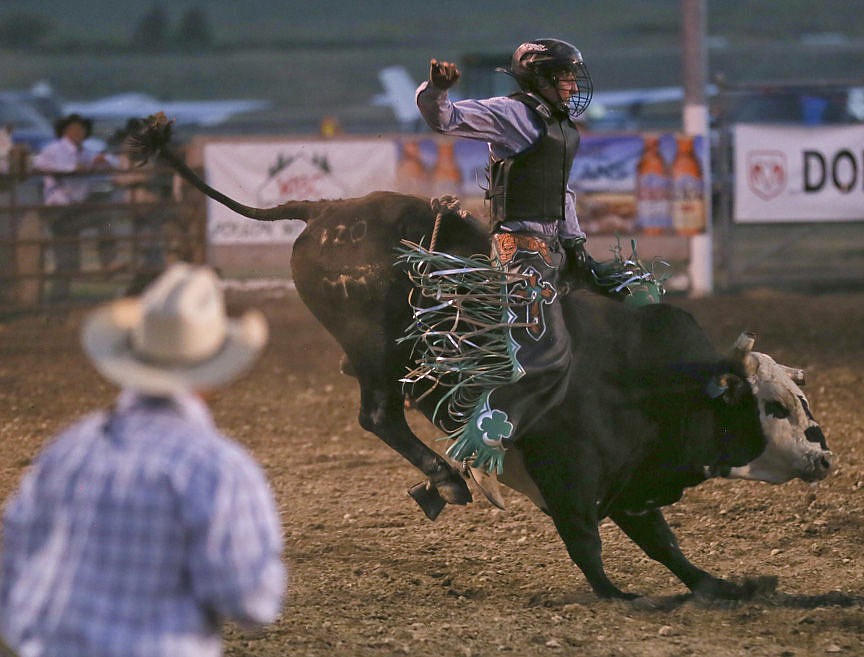 &lt;p&gt;Kylie Richter/ Lake County Leader Grey Fitzpatrick of Polson competes in bull riding Saturday night at the Mission Mountain rodeo.&lt;/p&gt;