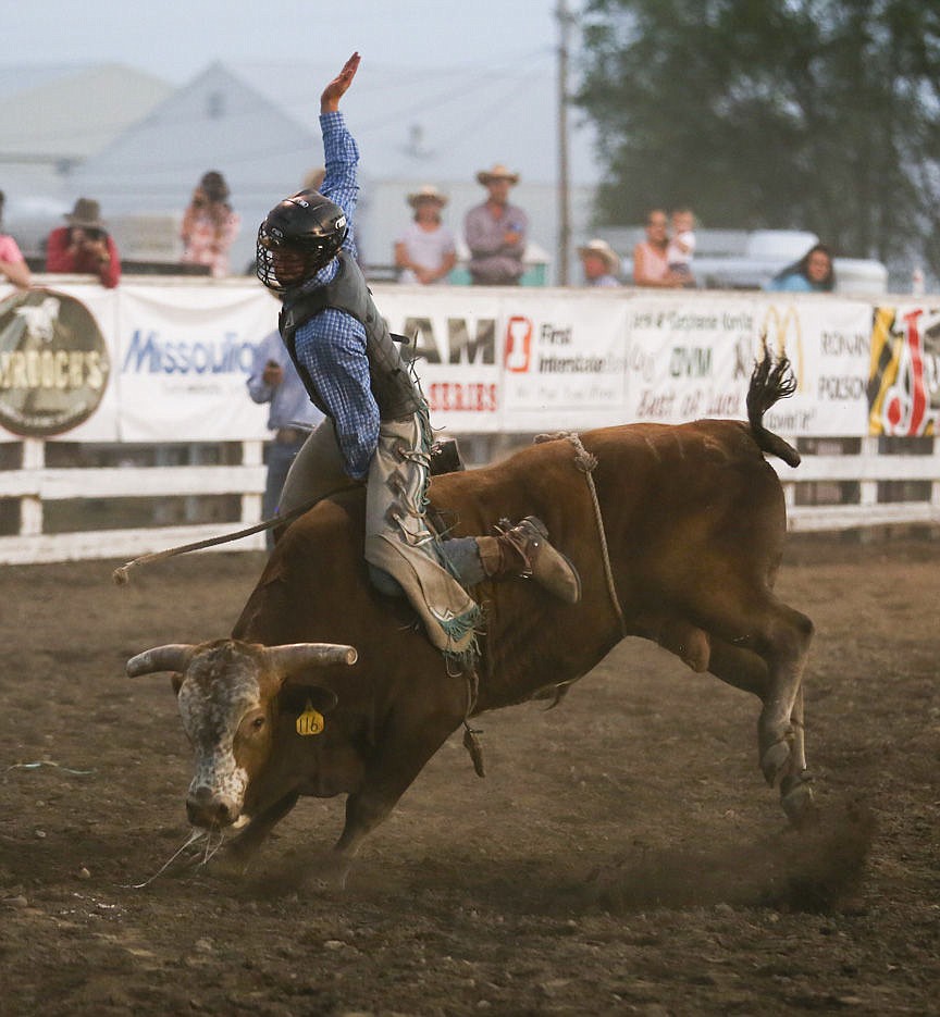 &lt;p&gt;Kylie Richter/ Lake County Leader Bridger Fitzpatrick of Polson competes in bull riding Saturday night at the Mission Mountain rodeo.&lt;/p&gt;