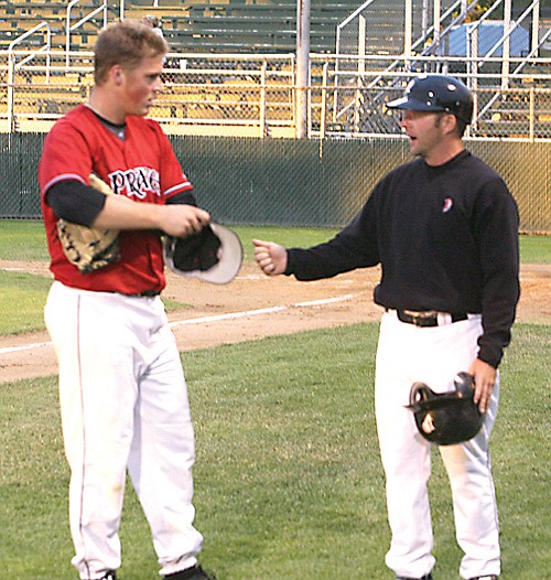 During last night&#146;s game, Moses Lake Pirates head coach Steve Keller (right) found time for some individual instruction with Bobby Lewis. Keller saw his improving squad defeat Kitsap 4-1 at Larson Field to up their WCL record to 8-13 and claim the three-game series over the visiting BlueJackets.