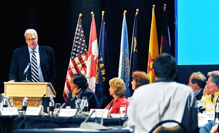 Montana native and 11-time NBA Championship Coach Phil Jackson delivers the keynote speech at the start of the Western Governors&#146; Association annual meeting at the Whitefish Performing Arts Center at Whitefish Middle School Sunday afternoon.