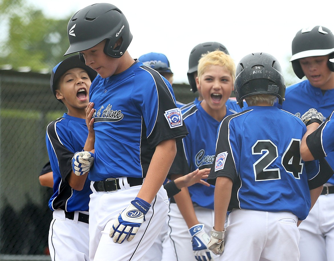 &lt;p&gt;LOREN BENOIT/Press Coeur d'Alene's Dylan Hess, left, is greeted at home plate by his teammates after hitting a home run during an Idaho District 1, age 12, tournament game on Saturday against Post Falls.&lt;/p&gt;