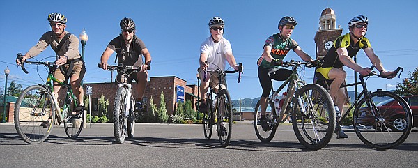 Glacier Cyclery owner and organizer of the One Less Car competition Ron Brunk, of Whitefish, left, with four of his employees on Wednesday morning in Whitefish. Others in the photo are Mike Meador, of Whitefish, left to right, Lee Stanley of Whitefish, Tyler Tourville, of Columbia Falls and Clay Lundgren, of Columbia Falls. Of the 11 employees at Glacier Cyclery 10 routinely commute.