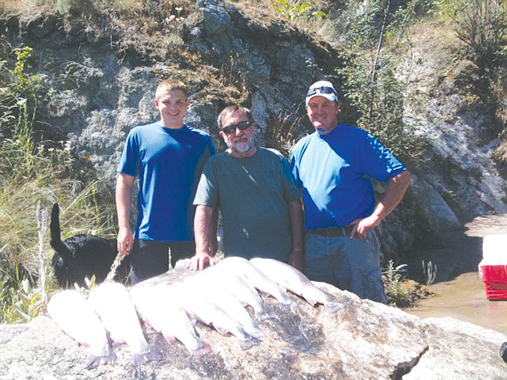 Derek Dunkin (left), Royal Muller (middle), and Brian Muller
(right) show off their plethora of fish after a day of fishing at
Rufus Woods