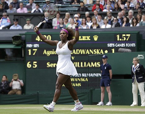 &lt;p&gt;Serena Williams celebrates after defeating Agnieszka Radwanska 6-1, 5-7, 6-2 to claim her fifth Wimbledon title at Wimbledon, England, on Saturday.&lt;/p&gt;