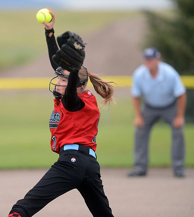 <p>Regulators pitcher Haylee Meyer pitches during a game against the Great Falls Big Sky Blitz on Friday, July 8, in Kalispell. (Brenda Ahearn/Daily Inter Lake)</p>