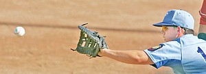 &lt;p&gt;First baseman Micah Germany checks his runner on a throw from pitcher Jared Winslow vs. the Chino Reds.&lt;/p&gt;