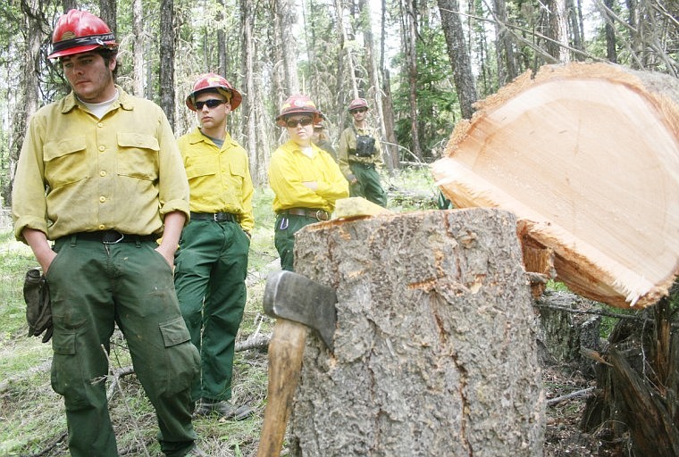 Tony Larson, far left, stands with other fire crew members next to a successfully felled tree in the woods northwest of Plains.