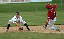 Justin Evertz of the Mission Valley Mariners gets ready to make a tag during the Firecracker Tournament last weekend in Polson.