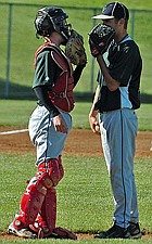 Catcher Jack Humphreys and pitcher Austin Von Tom have a mound conference during the Firecracker Tournament last weekend in Polson.