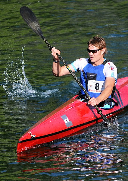 Kalispell firefighter Brandon French competes in the kayak section of the Glacier Challenge on Saturday in Whitefish.
