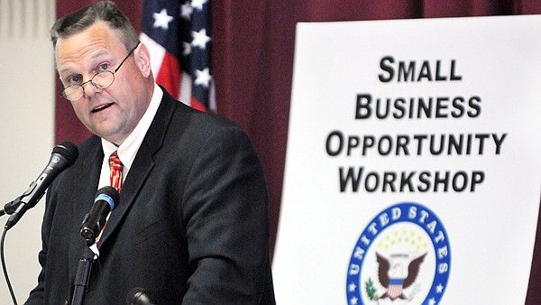 Senator John Tester makes remarks on Friday at the Small Business Opportunity Workshop at FVCC.