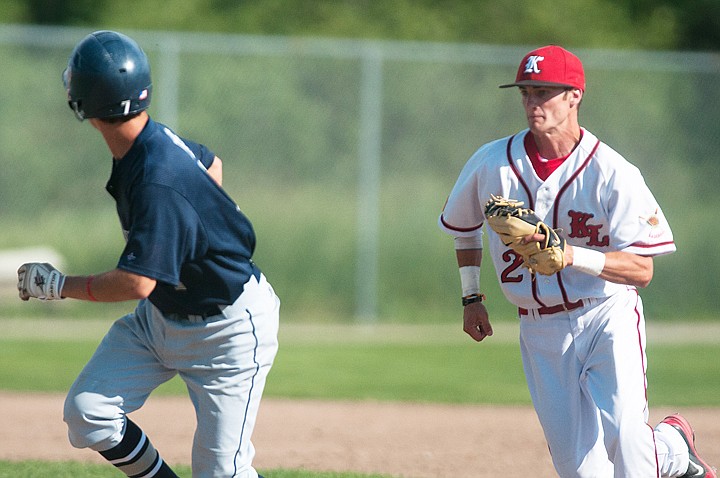 <p>Patrick Cote/Daily Inter Lake Kalispell Lakers shortstop Nate Bengston (2) runs down a Missoula player Tuesday evening during the Lakers' matchup against Missoula at Griffin Field. Tuesday, July 10, 2012 in Kalispell, Montana.</p>