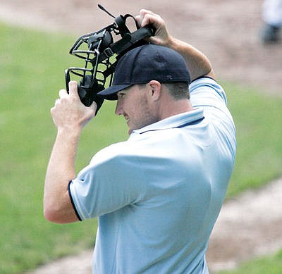 &lt;p&gt;Loggers Manager Kelly Morford as umpire during Saturday's inaugural Border War alumni doubleheader. (Paul Sievers/The Western News)&lt;/p&gt;