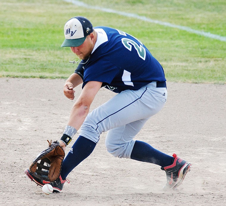 &lt;p&gt;Mission Valley Mariners first baseman Jeremiah Crawford fields a ground ball Friday evening during the John R. Harp Tournament at Archie Roe Field. Crawford had a big game at the plate, hitting two doubles and a home run in the Mariners&#146; 18-5 victory over the Edmonton Cardinals.&lt;/p&gt;