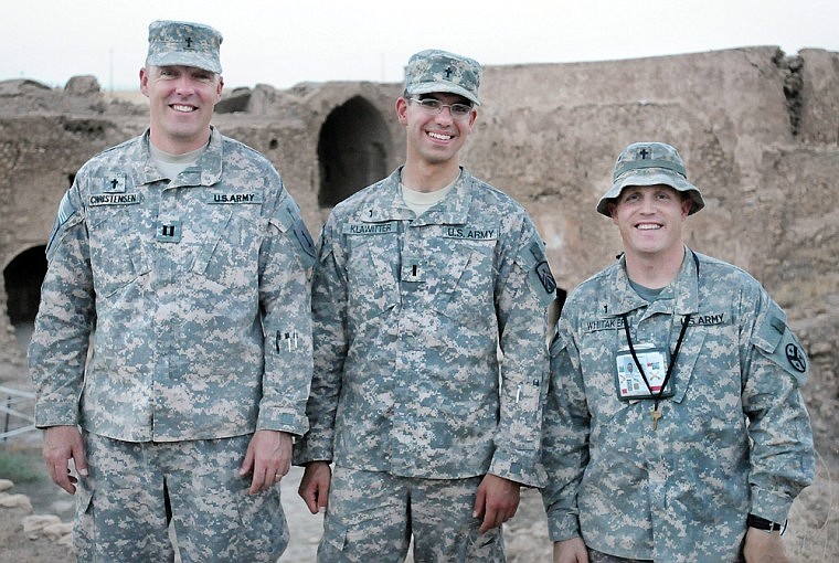 From left, Capt. Matthew Christensen of Kalispell, 1st Lt. Brandt Klawitter of Hermann, Mo., and 1st Lt. Geoffrey Whitaker of Murphy, N.C., pose during a tour of St. Elijah&#146;s Monastery.