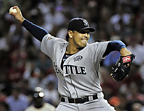 &lt;p&gt;American League's Brandon League of the Seattle Mariners throws during the seventh inning of the MLB All-Star baseball game Tuesday, July 12, 2011, in Phoenix. (AP Photo/Mark J. Terrill)&lt;/p&gt;