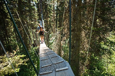 <p>Lacy and Jim Schneider celebrate their third anniversary by taking the Walk in the Treetops tour Wednesday afternoon at Whitefish Mountain Resort. The suspended boardwalk spans 700 feet and reaches heights of 70 feet off the ground. Wednesday, July 11, 2012 in Whitefish, Montana.</p>