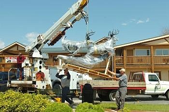 Gary Collier lifts the deer statue with a crane as Ed Lauman and Fred Lestiko guide it toward where it will be placed on the corner of Idaho Street and U.S. 93 in Kalispell Wednesday afternoon.