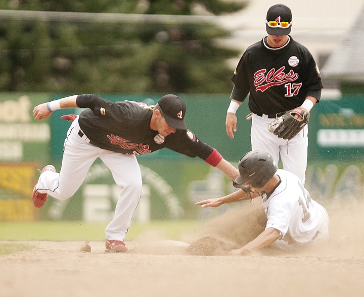 &lt;p&gt;Jack Cronin is tagged out at second base in the bottom of the
first inning during the Glacier Twins afternoon game against the
Lakebridge Elks on Friday.&lt;/p&gt;