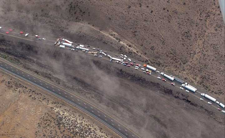 An aerial shot of I-90 near Vantage shows the massive pileup Thursday afternoon that shut down both directions of travel.