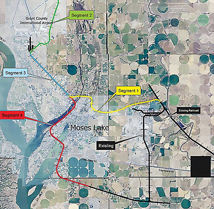 The colored portions show planned improvement for the Columbia
Basin Railroad's route in the Moses Lake area. The order in which
to complete the segments is being reviewed by community
members.