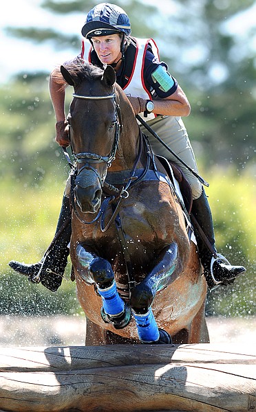 Karen O'Connor of Ocala, Fl., rides Mandiba in the Cross-Country challenge on Saturday at The Event at Rebecca Farm.