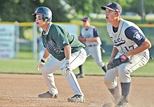 Xavier Morigeau leads off from first base during the Mission Valley Mariners two-game  sweep of the Bitterroot Bucs last Friday in Polson.