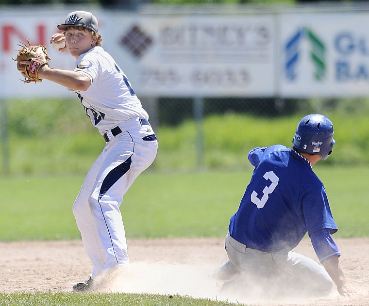 <p>Mission Valley second baseman Jacob Harrod throws to first after forcing out Libby's Will Reichel. The Mariners were unable to turn two on the play, but still shutout the Loggers 11-0. (Aaric Bryan/ Daily Inter Lake)</p>