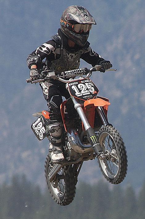 Jennifer McBride/Valley Press Jacob Vesco soars through the air after hitting a hill in the 60B division at Saturday&#146;s motocross contest.