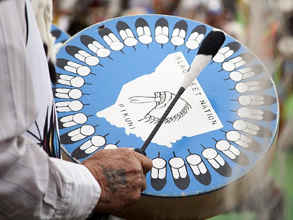 <p>A drum is beat during the powwow at the 61st Annual North American Indian Days celebration on July 14. The celebration took place July 12 through the 15 in Browning.</p>
