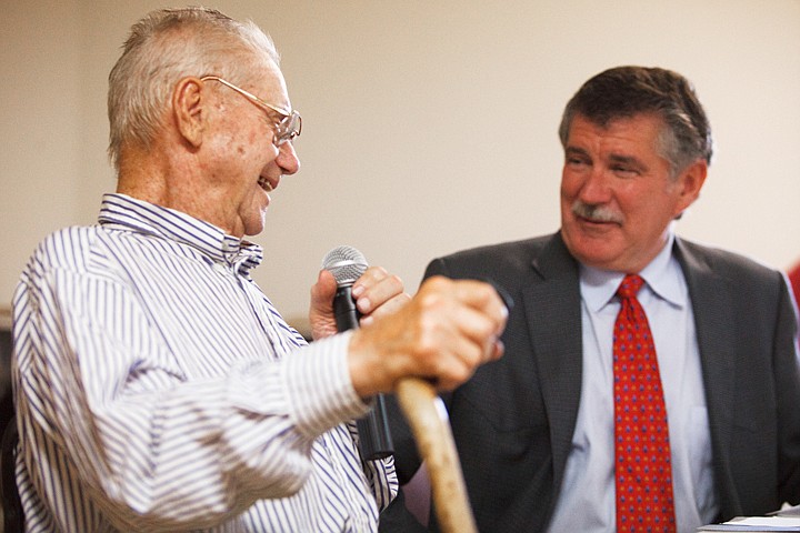 &lt;p&gt;Patrick Cote/Daily Inter Lake Arnold Funk, left, describes his experiences serving with the 10th Mountain Division to Rep. Denny Rehberg during a meeting at the Veterans of Foreign Wars Post 276 in Whitefish regarding the state of the Jesus statue on Big Mountain. Monday, July 16, 2012 in Kalispell, Montana.&lt;/p&gt;