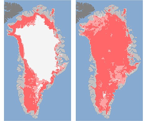 &lt;p&gt;These undated handout images provided by NASA shows the extent of surface melt over Greenland?s ice sheet on July 8, left, and July 12, right. Measurements from three satellites showed that on July 8, about 40 percent of the ice sheet had undergone thawing at or near the surface. In just a few days, the melting had dramatically accelerated and an estimated 97 percent of the ice sheet surface had thawed by July 12. In the image, the areas classified as ?probable melt? (light pink) correspond to those sites where at least one satellite detected surface melting. The areas classified as ?melt? (dark pink) correspond to sites where two or three satellites detected surface melting. Nearly every part of the massive Greenland ice sheet suddenly and strangely melted a bit this month in a freak event that concerned scientists had never witnessed before. NASA says three different satellites saw what it calls unprecedented melting from July 8 to July 12. Most of the thick ice remains, but what was unusual was the widespread area where some melting occurred. (AP Photo/Nicolo E. DiGirolamo, SSAI/NASA GSFC, and Jesse Allen, NASA Earth Observatory&lt;/p&gt;