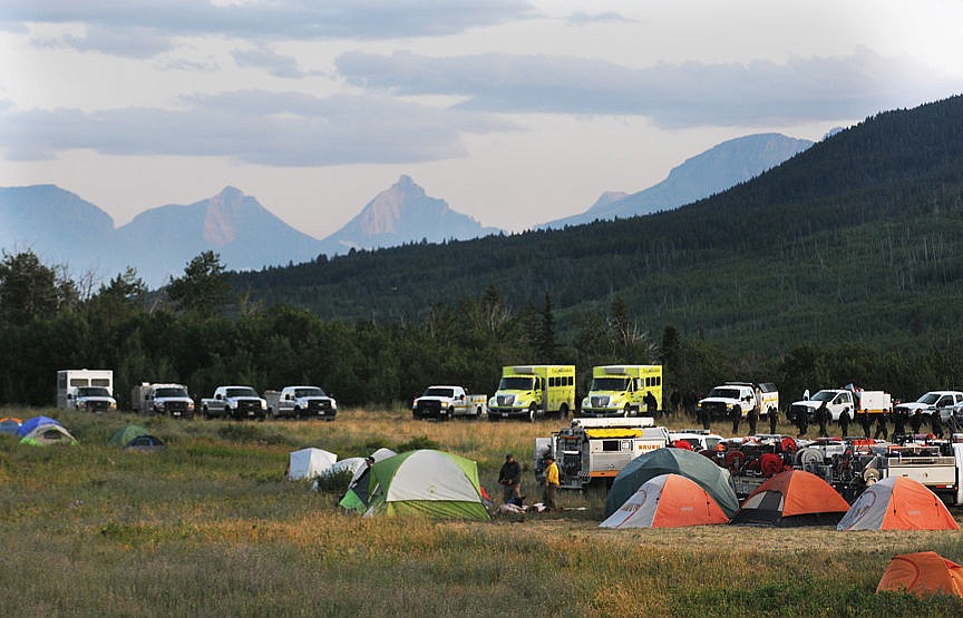 <p>About 450 firefighters are staying at a camp at Chewing Black Bones outside of St. Mary. (Aaric Bryan/Daily Inter Lake)</p>
