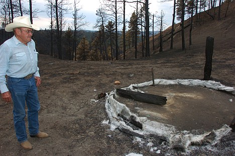 &lt;p&gt;Cecil Kolka examines the remains of a fiberglass water tank in the Custer National Forest that melted during the Ash Creek Fire near Volborg, Mont., on July 20. Kolka's family lost an estimated 400 cows and calves to the 390-square-mile blaze.&lt;/p&gt;