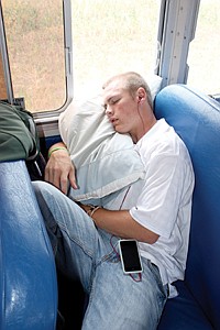 Tim Rausch takes a nap on the bus ride down to Hamilton.