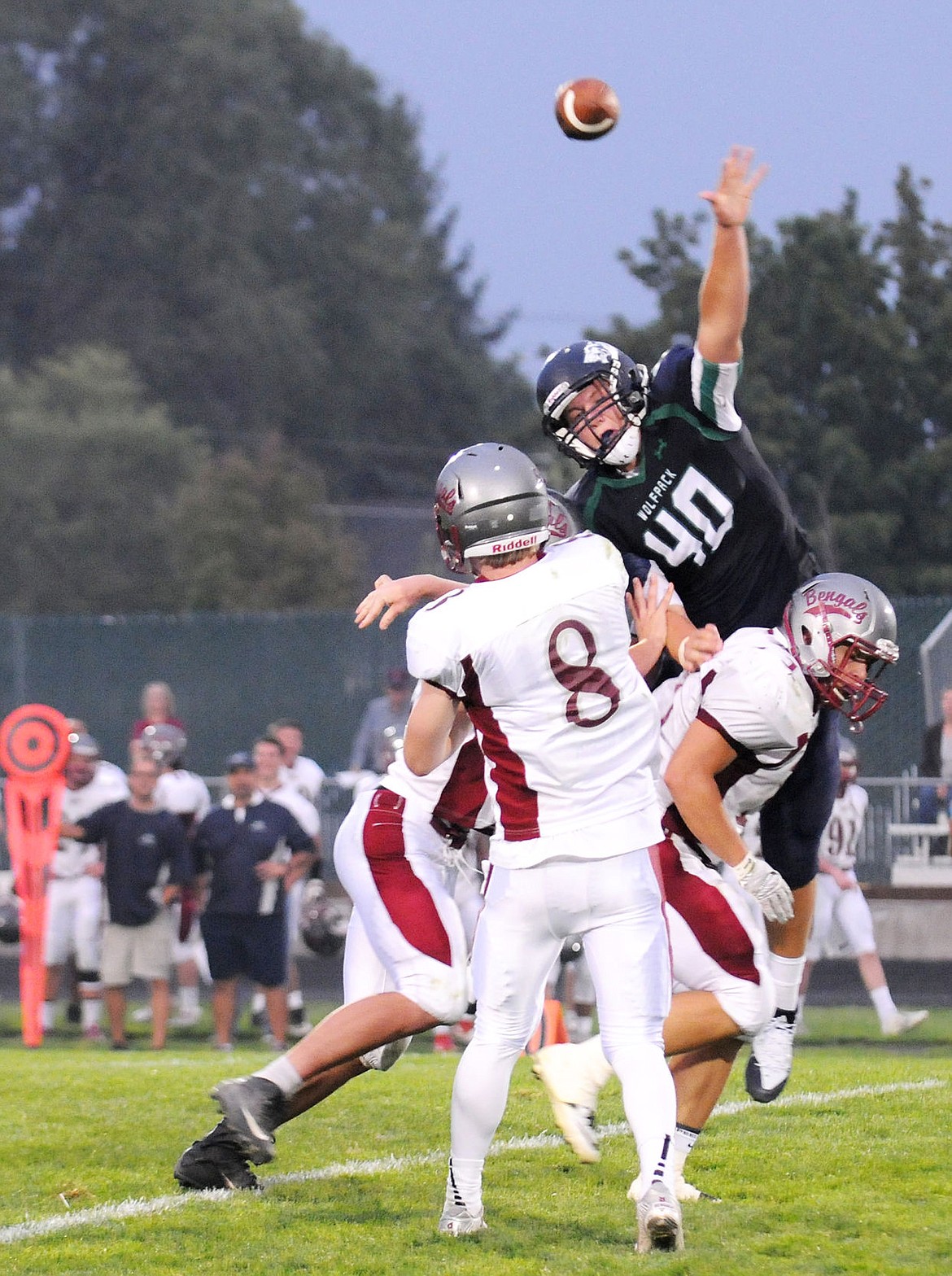 <p>Glacier's Jaxen Hashley leaps to try and knock down a pass against Helena in a 2015 regular season game. Hashley will continue his football career at Montana State, beginning in 2017. (Aaric Bryan/Daily Inter Lake)</p>