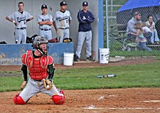 Mission Valley Mariners catcher Jack Humphreys watches a play develop out on the diamond during the 2010 season.