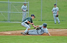 Austin Von Tom applies a tag against Missoula during the Mission Valley Mariners B team season.