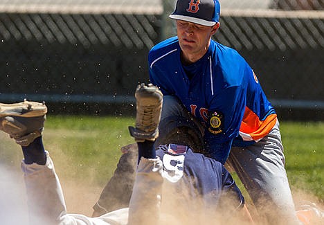 &lt;p&gt;Kevin Kluss of the Coeur d'Alene Lumbermen slides into home base in the third inning, where Eric Fasth, pitcher for the Boise Gems, tags him out on Wednesday afternoon at Thorco Field.&lt;/p&gt;