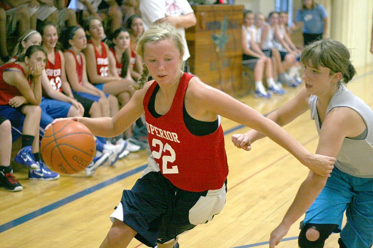 <p>Superior Bobcat Jordan Mueller drives to the basket during last Tuesday's away game against Thompson Falls. Mueller had a solid summer and was often the team's leading scorer.</p>