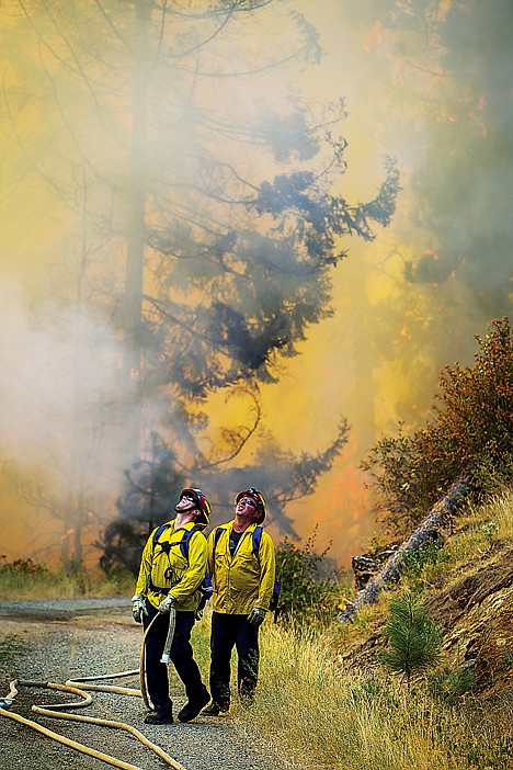 &lt;p&gt;Firefighters look to sky as air support enters the area of the wildland fire near Mica Bay.&lt;/p&gt;