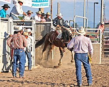 Troy Ruhkala, of St. Ignatius, launches out of the chute on top of bull during Pioneer Days last weekend in Ronan.