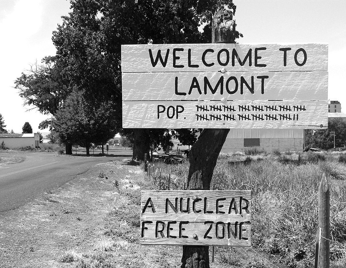 The mystery roundabout in last week&#146;s column was at the entrance to Lamont. The roundabout is to the left of the sign in this photo. Note the community has a population of 77 people, according to the sign. It is also &#145;a nuclear free zone,&#146; but I&#146;m not sure what this means. The only reader to respond, and with the correct answer, was Robert &#145;Bob&#146; Kent. Lamont is around 10 miles south of Sprague.