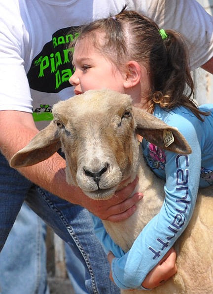 &lt;p&gt;One of the youngest mutton busters, Paizley Kraudy, hugs her lamb tightly as her lamb eyes the camera.&lt;/p&gt;